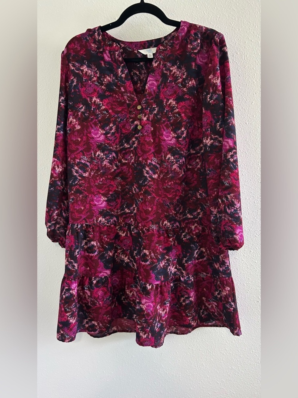 Time and Tru Floral Pink and Black Long Sleeve Dress